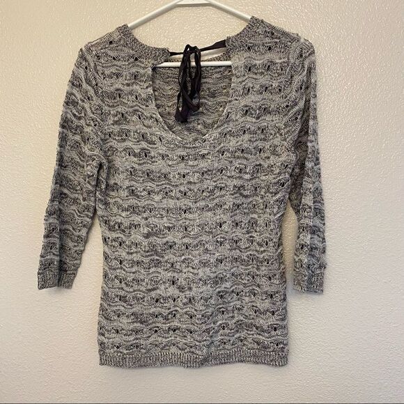 Maurices 3/4 Sleeve Sweater keyhole tie open back gray metallic open knit top M - Picture 4 of 11